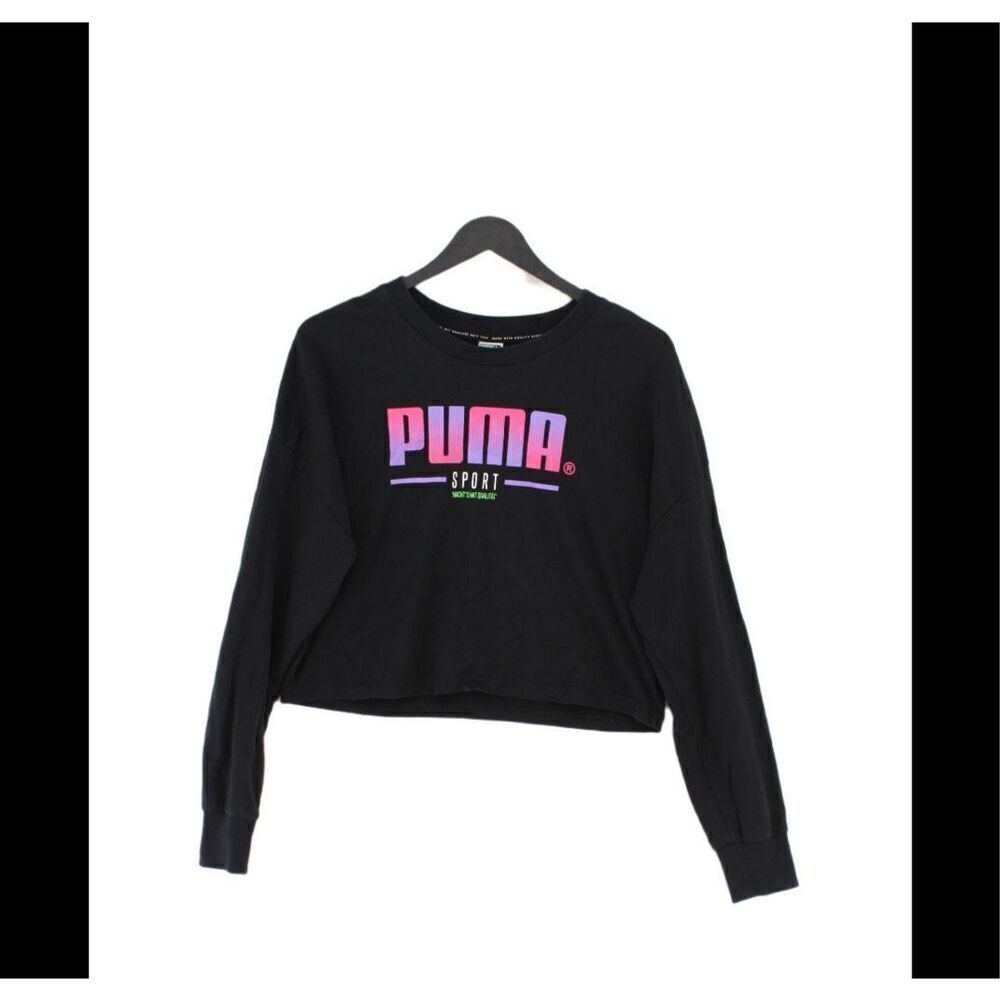 Puma Sport Neon Logo Black Cropped Athletic Sweatshirt L